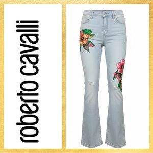 Roberto Cavalli Light Blue Damaged/Distressed Floral Embroidered Jeans 30x32